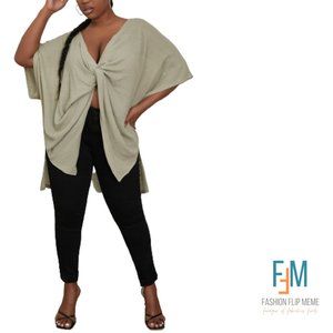 Oversized Twist-Front Short Sleeve Loose Fit Batwing High-Low Top, Plus Size